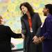 Ann Arbor Public Schools Superintendent Jeanice Kerr Swift greets Assistant Superintendent/Elementary Dawn Linden  and Deputy Superintendent for Instructional Services Alesia Flye at Logan Elementary on the first day of school, Tuesday, September 3, 2013. Melanie Maxwell | AnnArbor.com